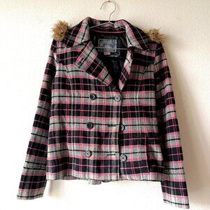 PINK Victoria's Secret vintage plaid button coat faux fur hood XS